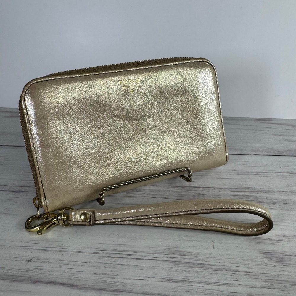 Fossil Sydney Metallic Gold Leather Zip Around Clutch Wristlet Wallet